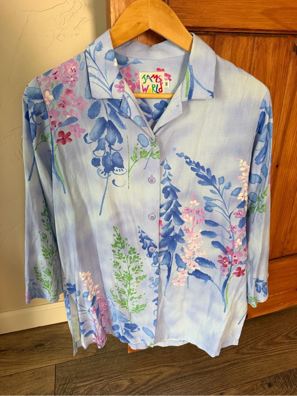 Vintage Jams World Blue Floral Watercolor Button Down Shirt Size Medium
